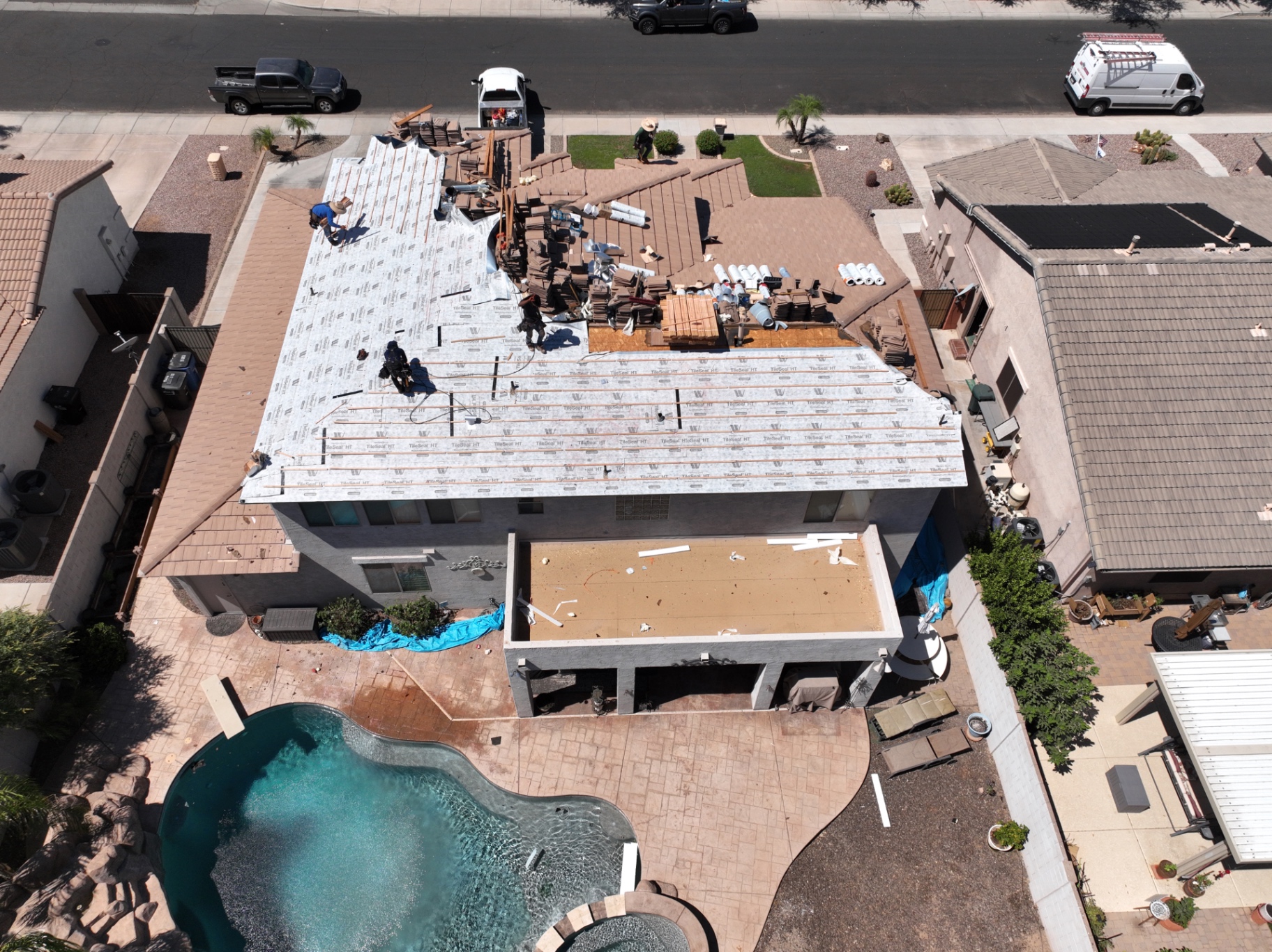 Aerial view of TileSeal HT underlayment and battens during tile install