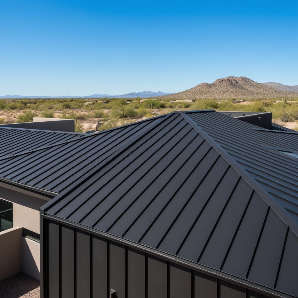 Dark charcoal standing-seam metal roof on a modern Arizona home